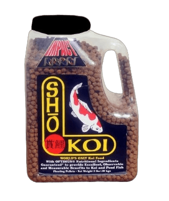 A large bottle of Sho Koi fish food with a koi fish illustration.