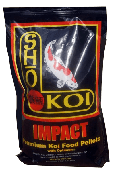 Bag of SHO Koi Impact fish pellets with koi fish image.