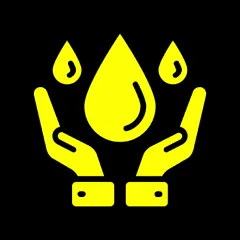 Yellow hands holding water droplets icon.