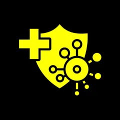 Shield with virus and medical cross icon.
