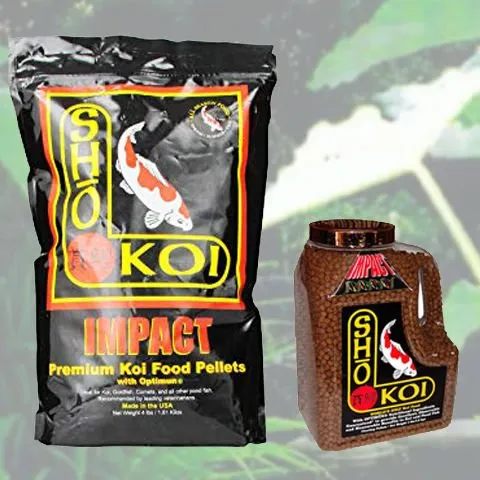 Two containers of SHO Koi Impact fish food pellets on a natural background.